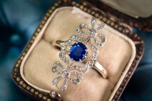 ANTIQUE SAPPHIRE AND DIAMOND DOUBLE BOW RING - SinCityFinds Jewelry