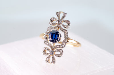 ANTIQUE SAPPHIRE AND DIAMOND DOUBLE BOW RING - SinCityFinds Jewelry