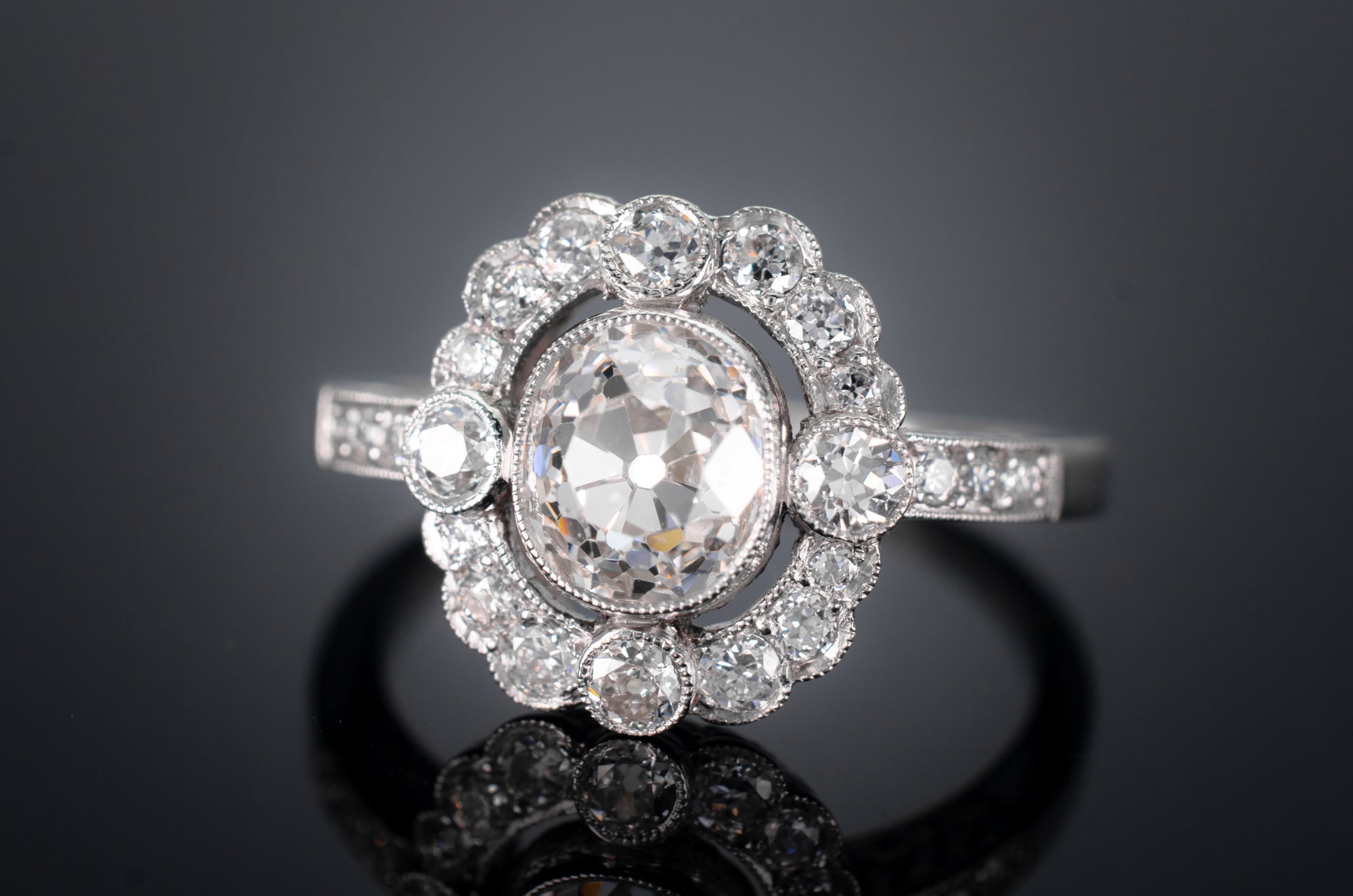 1.75CTW OLD MINE CUT DIAMOND HALO RING - SinCityFinds Jewelry
