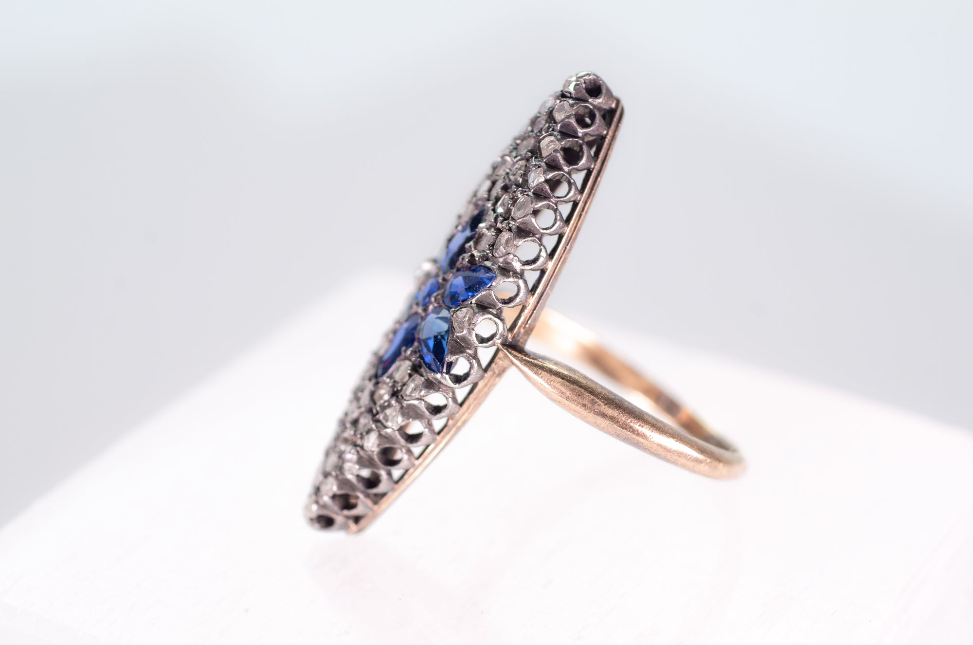 SAPPHIRE AND ROSE CUT DIAMOND NAVETTE RING - SinCityFinds Jewelry