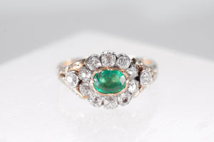 EMERALD AND OLD MINE CUT HALO RING - SinCityFinds Jewelry