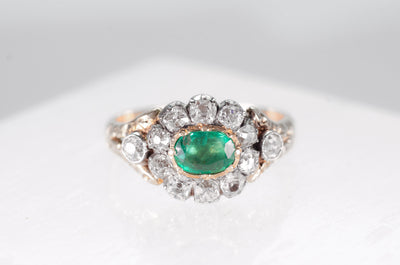 EMERALD AND OLD MINE CUT HALO RING - SinCityFinds Jewelry