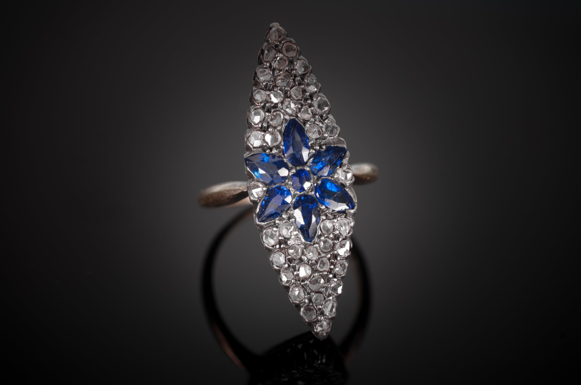 SAPPHIRE AND ROSE CUT DIAMOND NAVETTE RING - SinCityFinds Jewelry