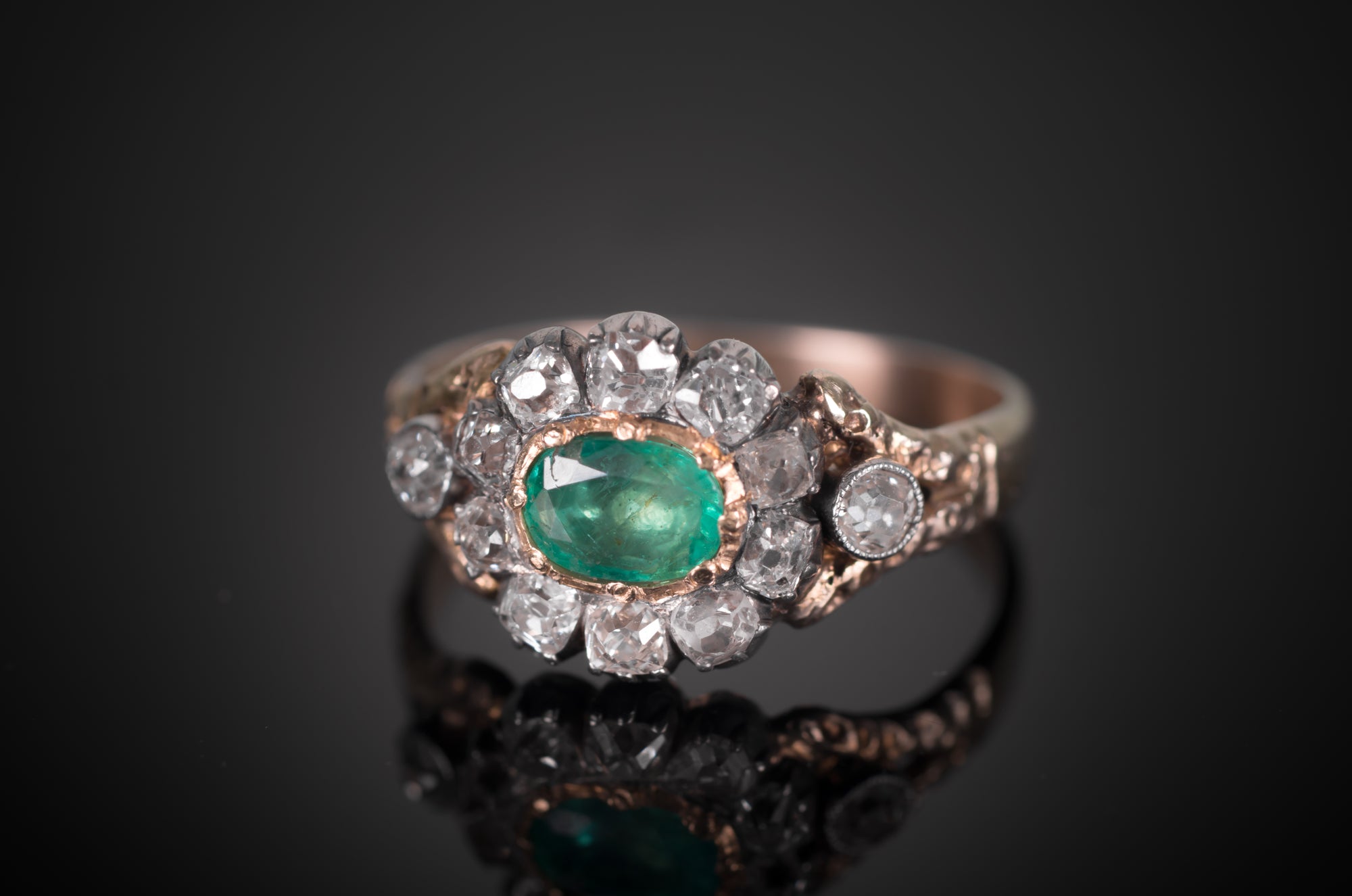 EMERALD AND OLD MINE CUT HALO RING - SinCityFinds Jewelry