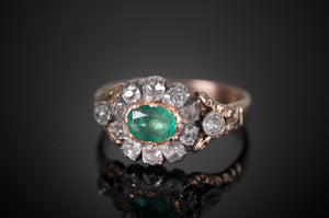 EMERALD AND OLD MINE CUT HALO RING - SinCityFinds Jewelry