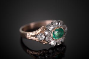 EMERALD AND OLD MINE CUT HALO RING - SinCityFinds Jewelry