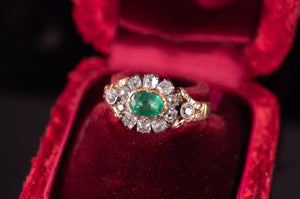 EMERALD AND OLD MINE CUT HALO RING - SinCityFinds Jewelry