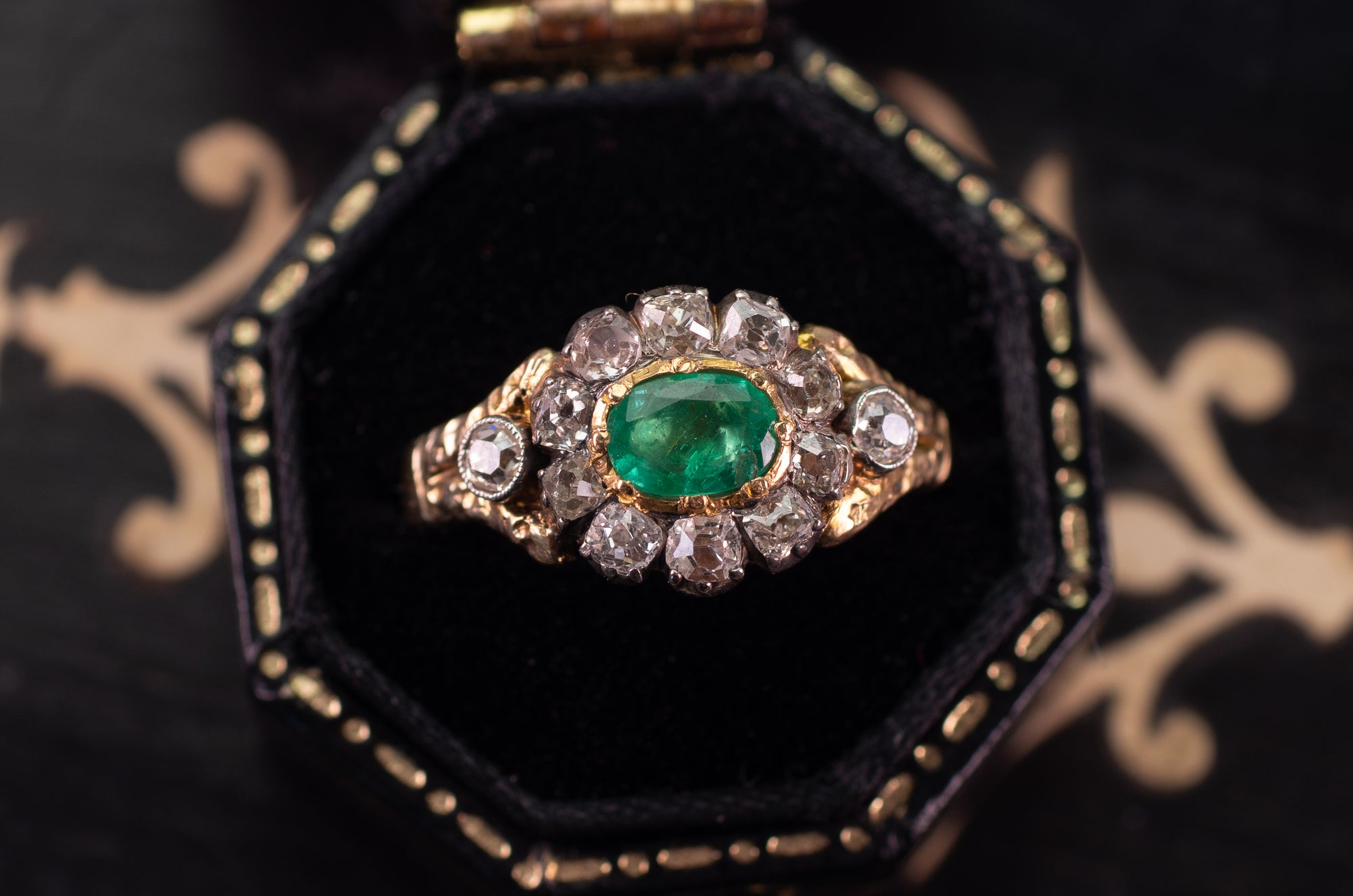 EMERALD AND OLD MINE CUT HALO RING - SinCityFinds Jewelry