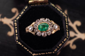 EMERALD AND OLD MINE CUT HALO RING - SinCityFinds Jewelry