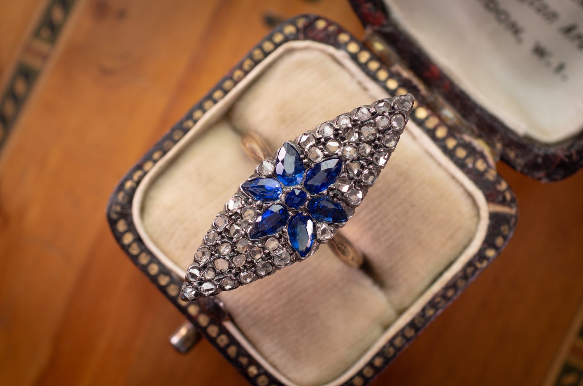 SAPPHIRE AND ROSE CUT DIAMOND NAVETTE RING - SinCityFinds Jewelry