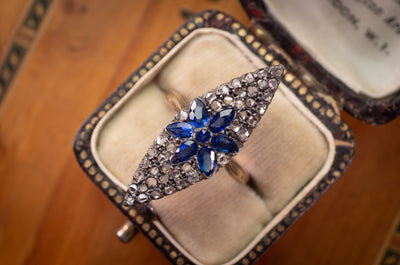 SAPPHIRE AND ROSE CUT DIAMOND NAVETTE RING - SinCityFinds Jewelry