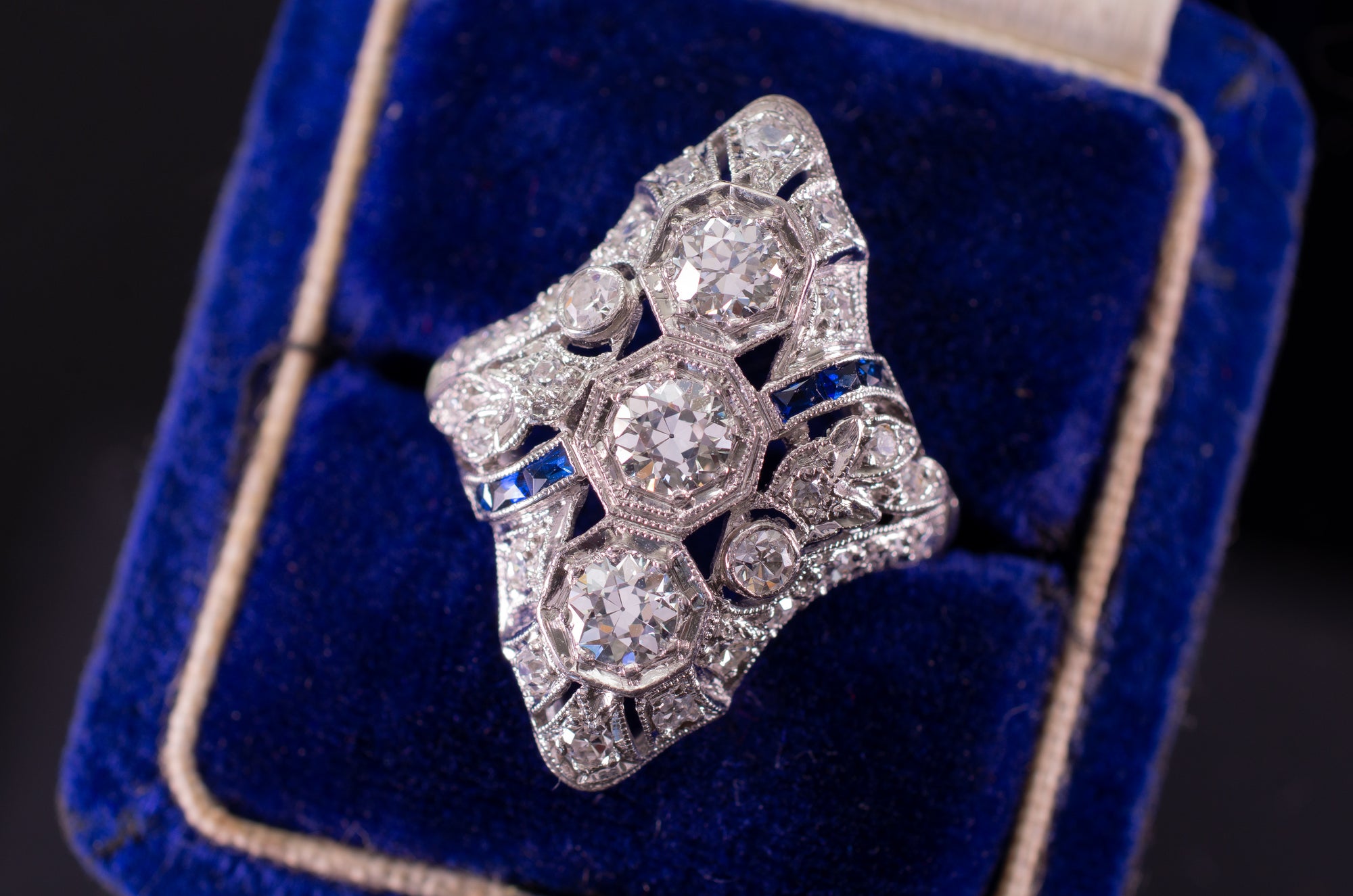 ART DECO DIAMOND AND SAPPHIRE NAVETTE RING - SinCityFinds Jewelry