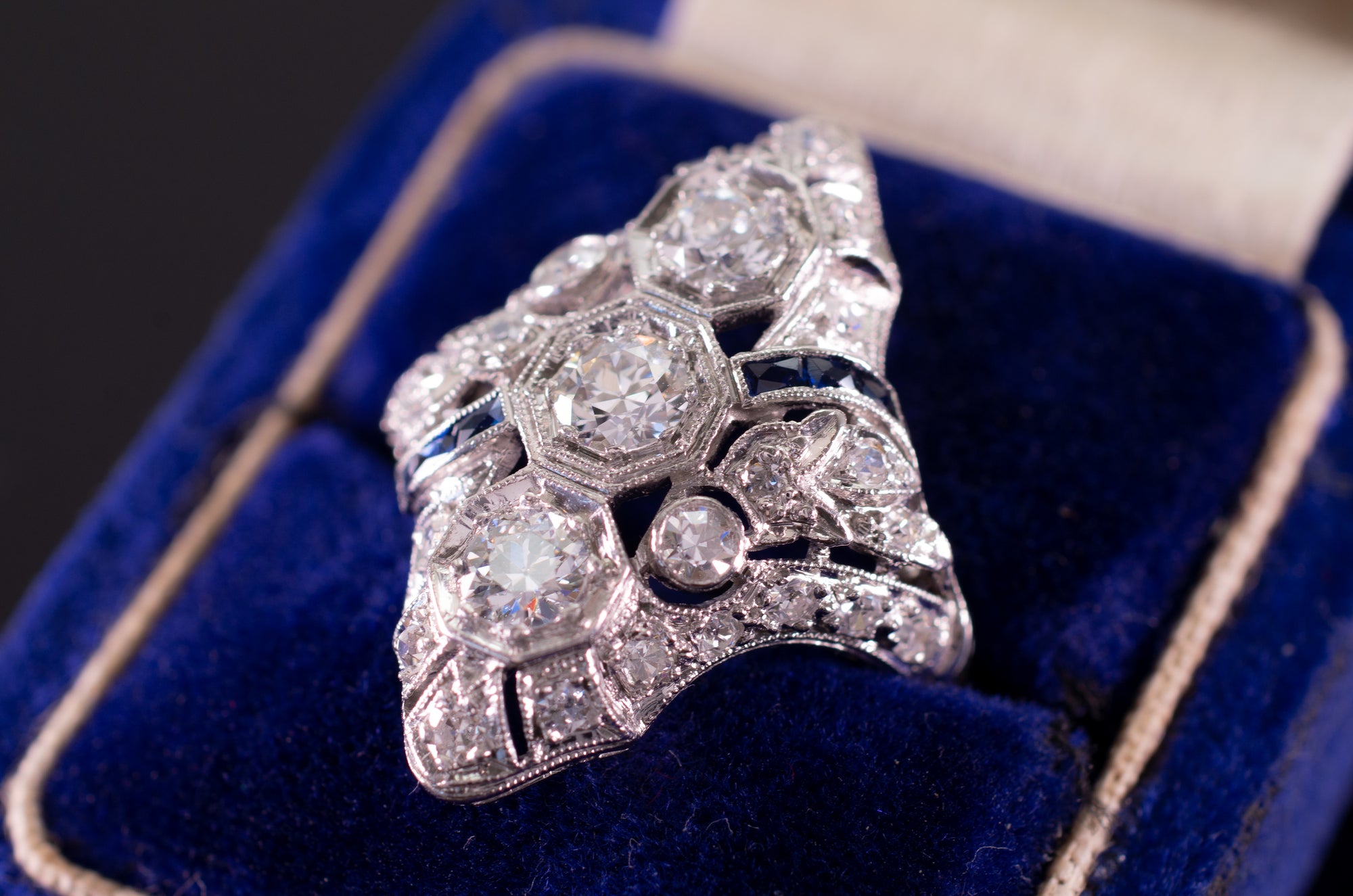 ART DECO DIAMOND AND SAPPHIRE NAVETTE RING - SinCityFinds Jewelry