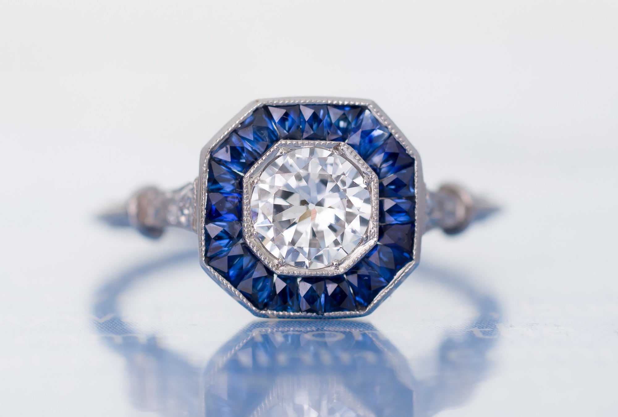 FRENCH CUT SAPPHIRE AND TRANSITIONAL DIAMOND TARGET RING - SinCityFinds Jewelry