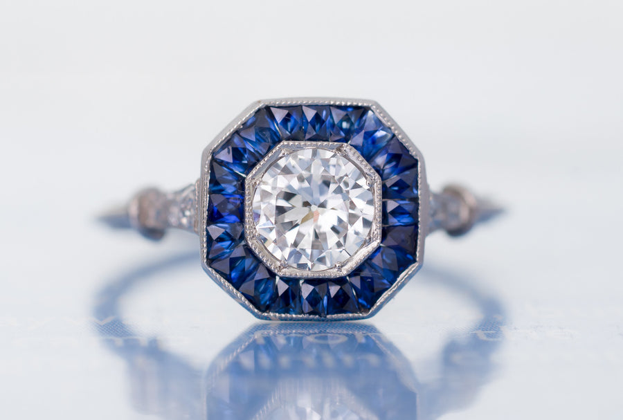 FRENCH CUT SAPPHIRE AND TRANSITIONAL DIAMOND TARGET RING - SinCityFinds Jewelry