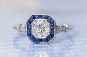 CABOCHON CUT SAPPHIRE AND OLD MINE CUT DIAMOND TARGET RING - SinCityFinds Jewelry