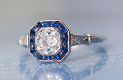 CABOCHON CUT SAPPHIRE AND OLD MINE CUT DIAMOND TARGET RING - SinCityFinds Jewelry