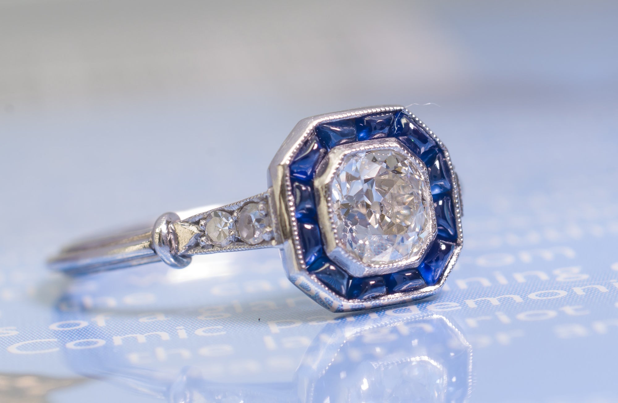 CABOCHON CUT SAPPHIRE AND OLD MINE CUT DIAMOND TARGET RING - SinCityFinds Jewelry
