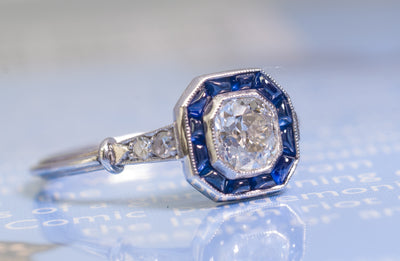 CABOCHON CUT SAPPHIRE AND OLD MINE CUT DIAMOND TARGET RING - SinCityFinds Jewelry