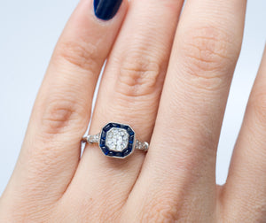 CABOCHON CUT SAPPHIRE AND OLD MINE CUT DIAMOND TARGET RING - SinCityFinds Jewelry