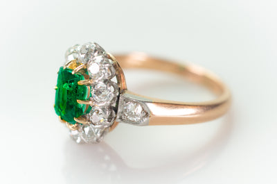 1.75CTW EMERALD AND OLD EUROPEAN CUT DIAMOND FRENCH RING - SinCityFinds Jewelry