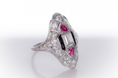 ART DECO RUBY, ONYX AND DIAMOND NAVETTE SHAPED RING - SinCityFinds Jewelry