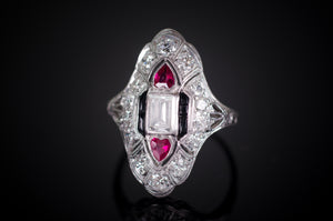 ART DECO RUBY, ONYX AND DIAMOND NAVETTE SHAPED RING - SinCityFinds Jewelry