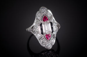 ART DECO RUBY, ONYX AND DIAMOND NAVETTE SHAPED RING - SinCityFinds Jewelry