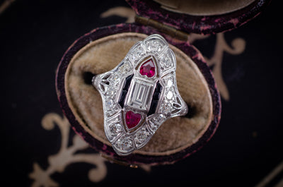 ART DECO RUBY, ONYX AND DIAMOND NAVETTE SHAPED RING - SinCityFinds Jewelry