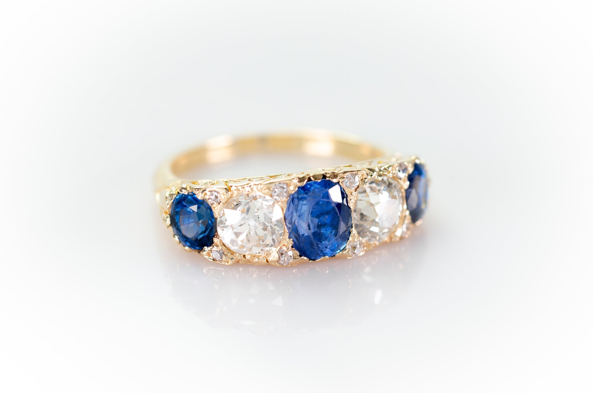3.58CTW NATURAL SAPPHIRE AND OLD EUROPEAN CUT DIAMOND HALF HOOP FIVE STONE RING - SinCityFinds Jewelry