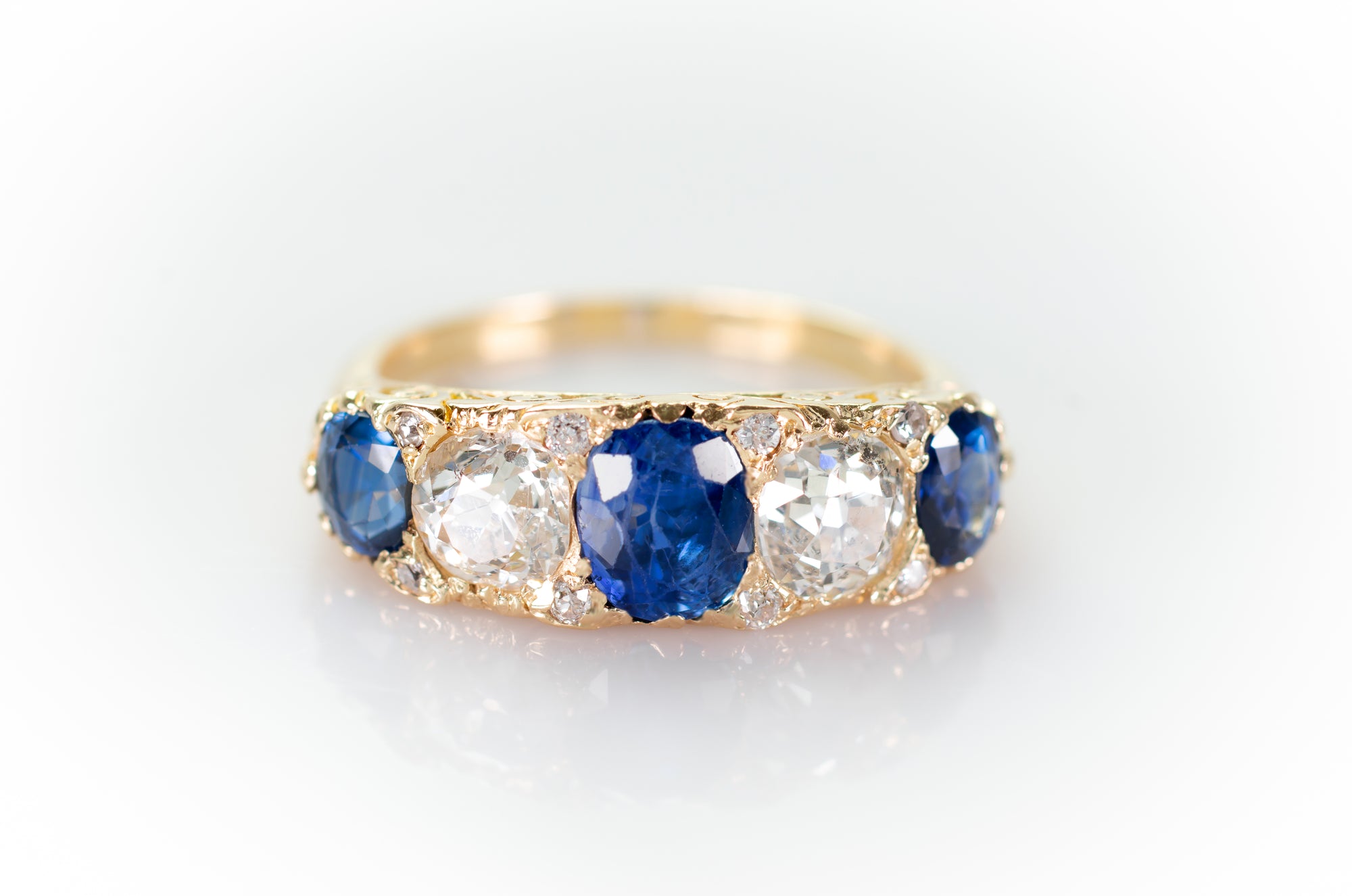 3.58CTW NATURAL SAPPHIRE AND OLD EUROPEAN CUT DIAMOND HALF HOOP FIVE STONE RING - SinCityFinds Jewelry