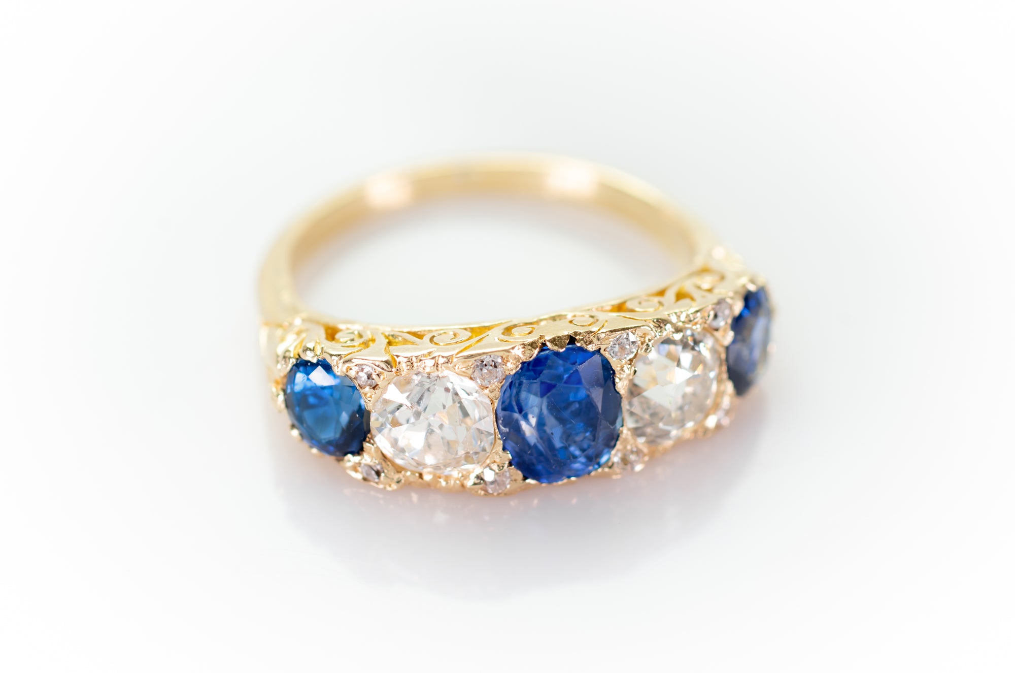 3.58CTW NATURAL SAPPHIRE AND OLD EUROPEAN CUT DIAMOND HALF HOOP FIVE STONE RING - SinCityFinds Jewelry
