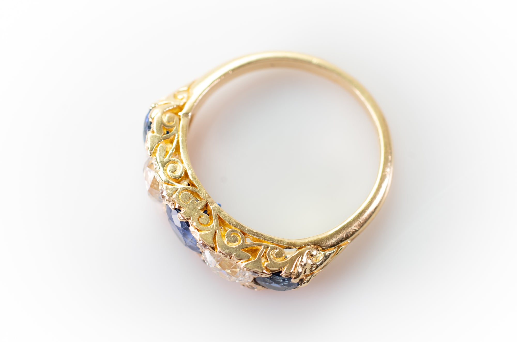 3.58CTW NATURAL SAPPHIRE AND OLD EUROPEAN CUT DIAMOND HALF HOOP FIVE STONE RING - SinCityFinds Jewelry
