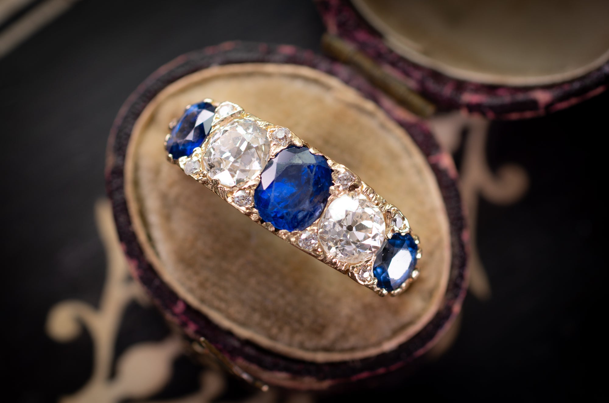 3.58CTW NATURAL SAPPHIRE AND OLD EUROPEAN CUT DIAMOND HALF HOOP FIVE STONE RING - SinCityFinds Jewelry