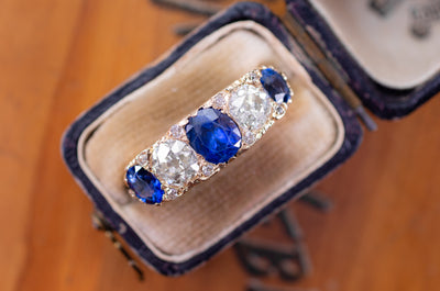3.58CTW NATURAL SAPPHIRE AND OLD EUROPEAN CUT DIAMOND HALF HOOP FIVE STONE RING - SinCityFinds Jewelry