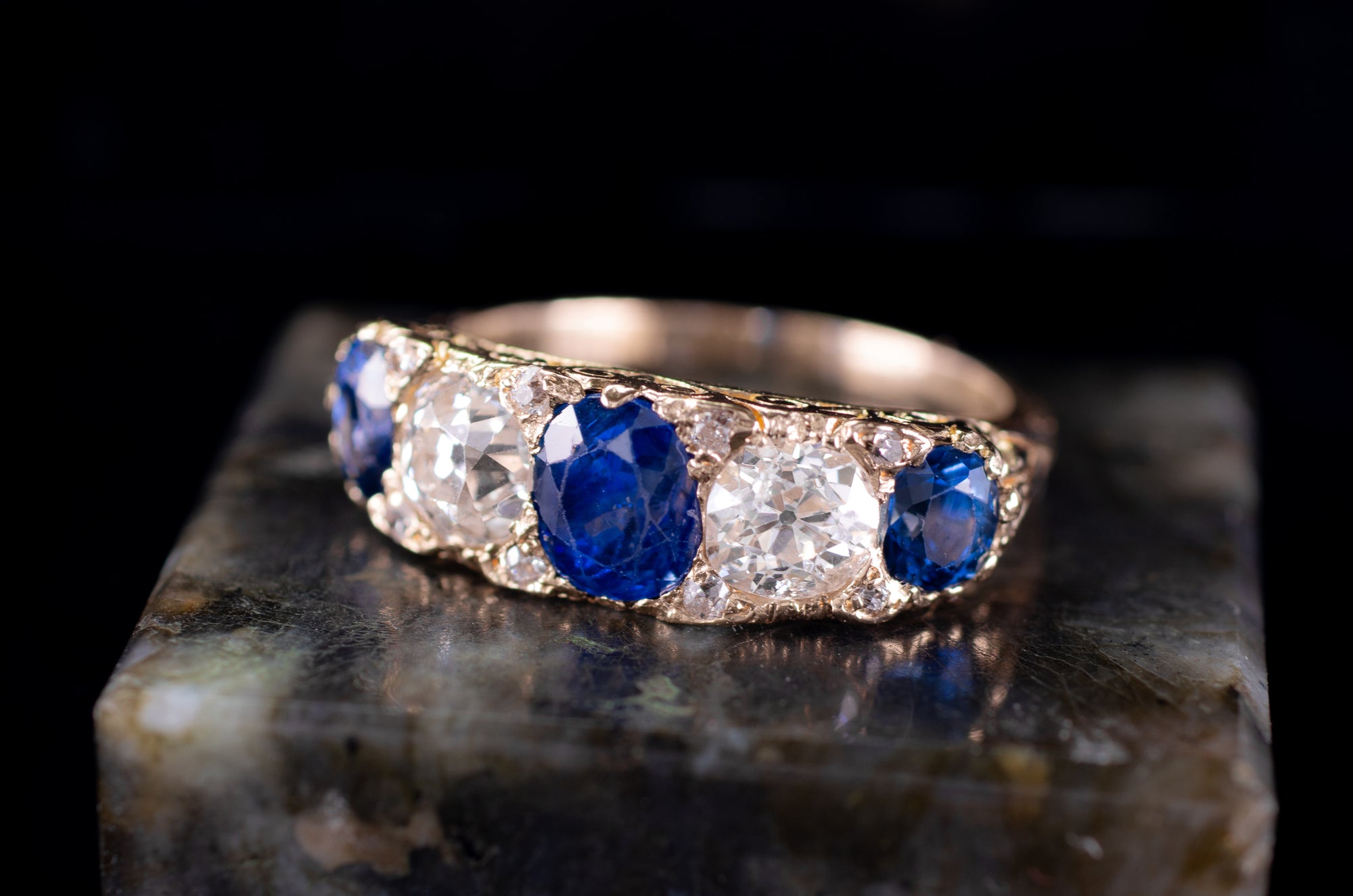 3.58CTW NATURAL SAPPHIRE AND OLD EUROPEAN CUT DIAMOND HALF HOOP FIVE STONE RING - SinCityFinds Jewelry