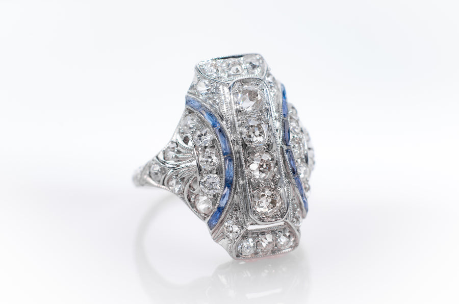 1.64CTW OLD EUROPEAN CUT DIAMOND AND SAPPHIRE DINNER RING - SinCityFinds Jewelry