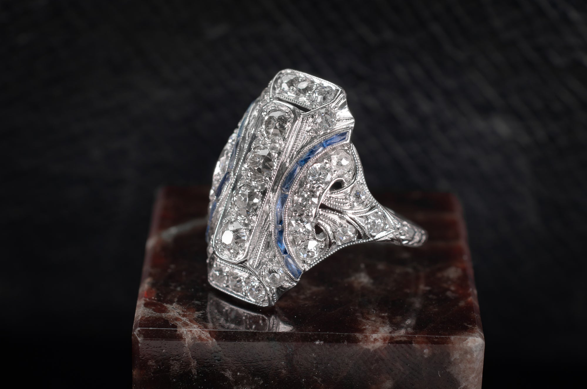 1.64CTW OLD EUROPEAN CUT DIAMOND AND SAPPHIRE DINNER RING - SinCityFinds Jewelry