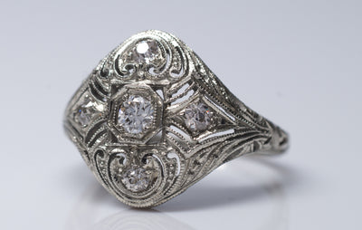 EDWARDIAN FILIGREE 5 STONE DIAMOND RING IN WHITE GOLD - SinCityFinds Jewelry