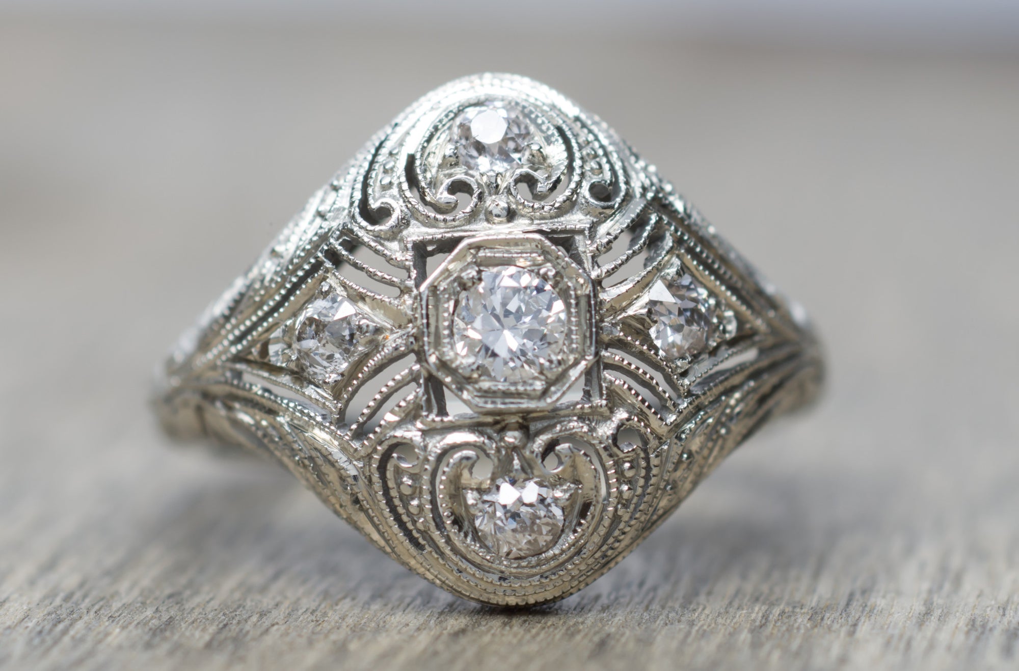 EDWARDIAN FILIGREE 5 STONE DIAMOND RING IN WHITE GOLD - SinCityFinds Jewelry