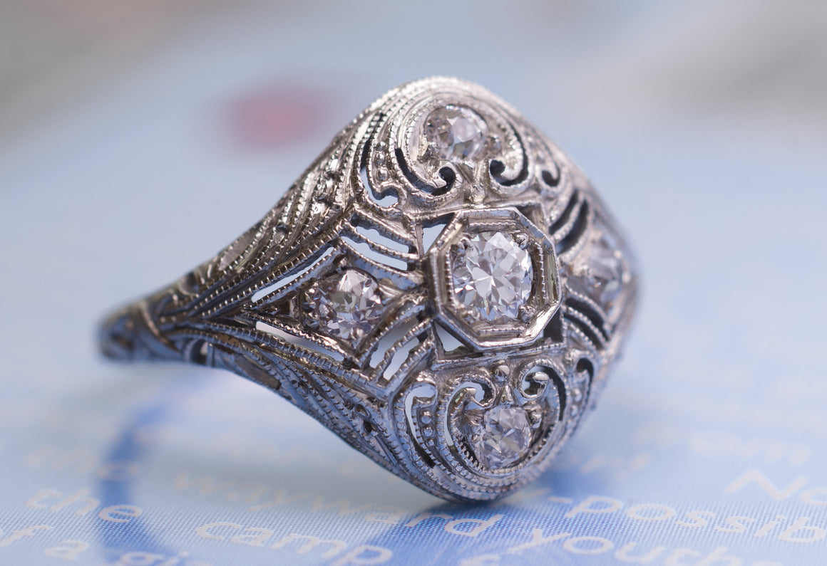 EDWARDIAN FILIGREE 5 STONE DIAMOND RING IN WHITE GOLD - SinCityFinds Jewelry