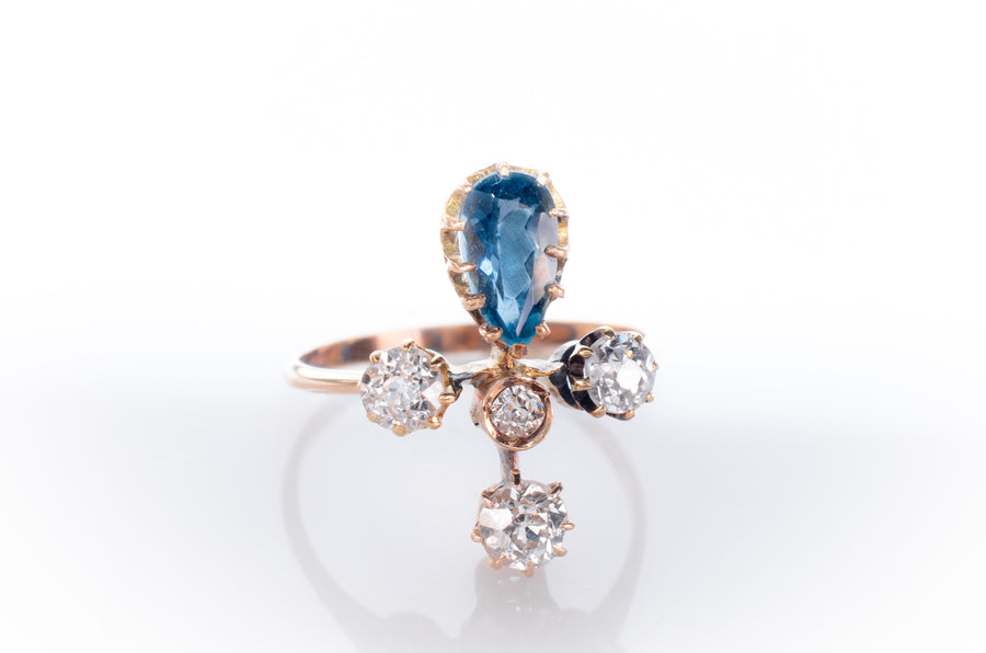 1.95CTW OLD EUROPEAN CUT DIAMOND AND AQUAMARINE TIARA RING