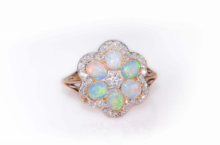 ANTIQUE OPAL AND OLD CUT DIAMOND CLUSTER RING