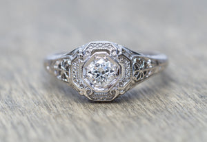 VINTAGE FILIGREE WHITE GOLD DIAMOND RING WITH OLD EUROPEAN CUT DIAMOND - SinCityFinds Jewelry