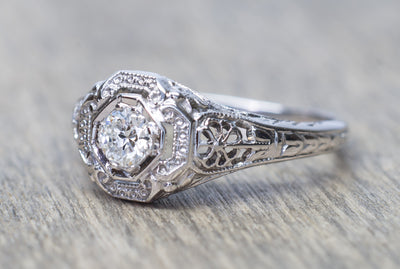 VINTAGE FILIGREE WHITE GOLD DIAMOND RING WITH OLD EUROPEAN CUT DIAMOND - SinCityFinds Jewelry