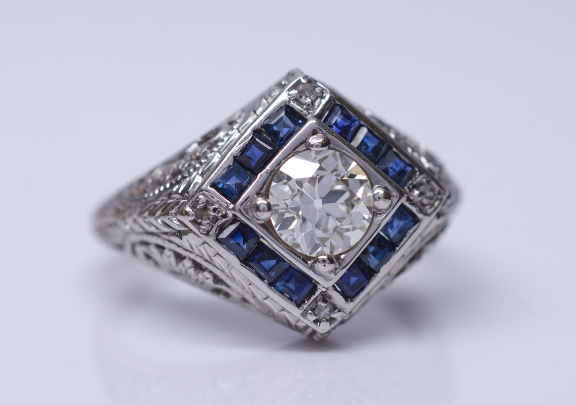 ART DECO SAPPHIRE AND OLD EUROPEAN CUT DIAMOND RING - SinCityFinds Jewelry