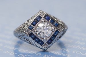 ART DECO SAPPHIRE AND OLD EUROPEAN CUT DIAMOND RING - SinCityFinds Jewelry