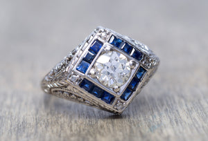 ART DECO SAPPHIRE AND OLD EUROPEAN CUT DIAMOND RING - SinCityFinds Jewelry