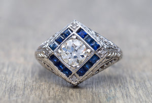 ART DECO SAPPHIRE AND OLD EUROPEAN CUT DIAMOND RING - SinCityFinds Jewelry