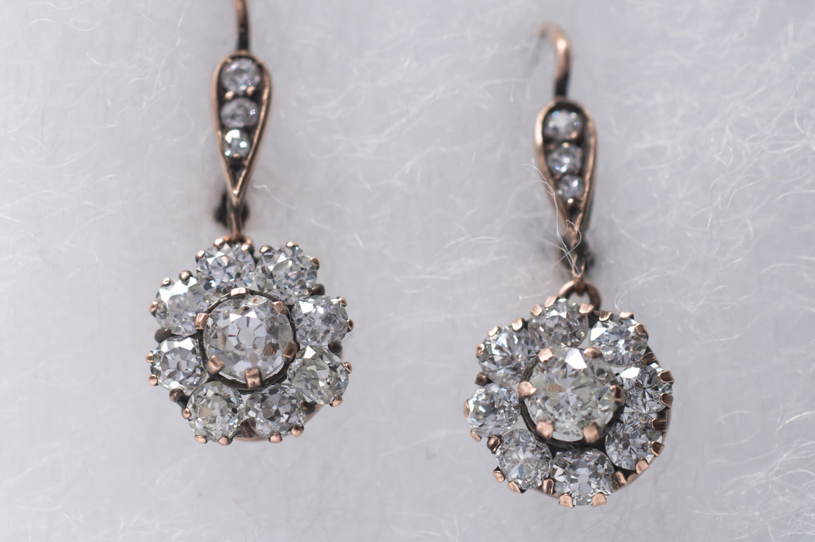 2.3CTW EDWARDIAN OLD MINE CUT DIAMOND CLUSTER DANGLE EARRINGS - SinCityFinds Jewelry